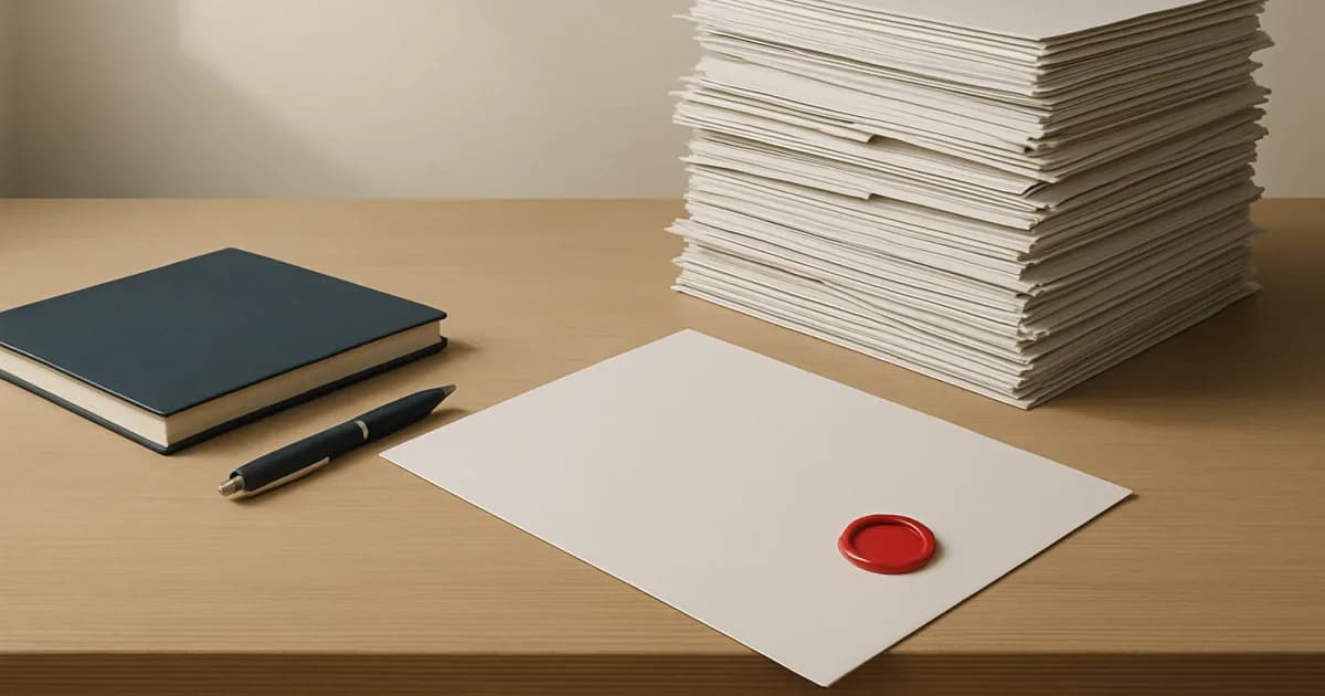 Schlichte Grafik: Ausschreibungsdokument mit Häkchen neben einem ISO-Zertifikat auf hellem Hintergrund