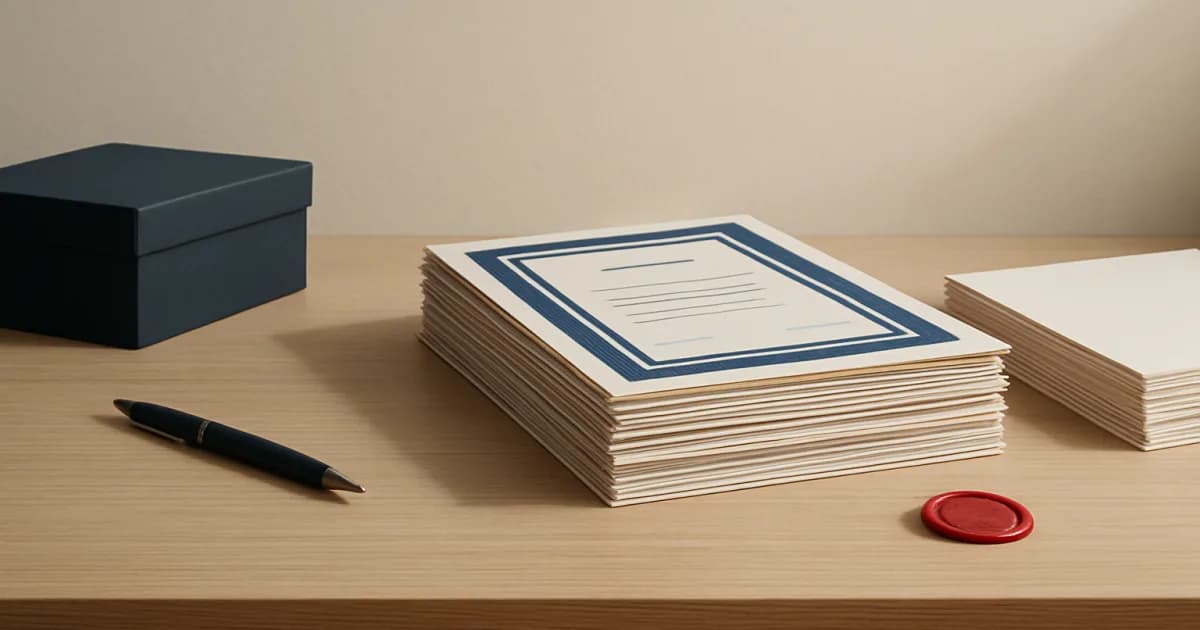 Two certificate sheets side by side, one with an accreditation seal and one without, on a clean Swiss-style layout