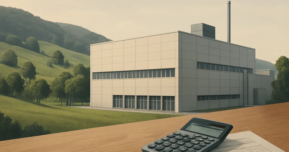 Simple graphic of a small company building with a green leaf and a cost breakdown in four blocks