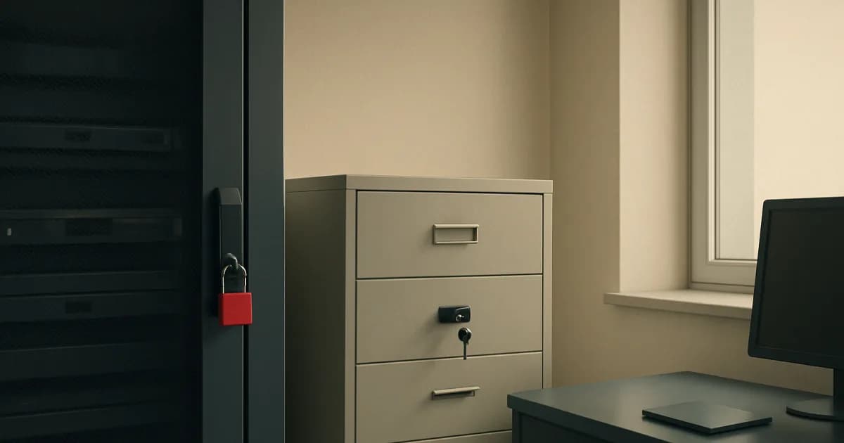 Minimal graphic of a checklist with eight ticked items next to a padlock icon