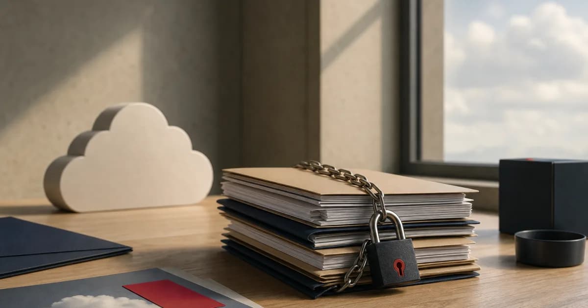 Minimal graphic of a cloud outline with a padlock and a document icon representing protected personal data