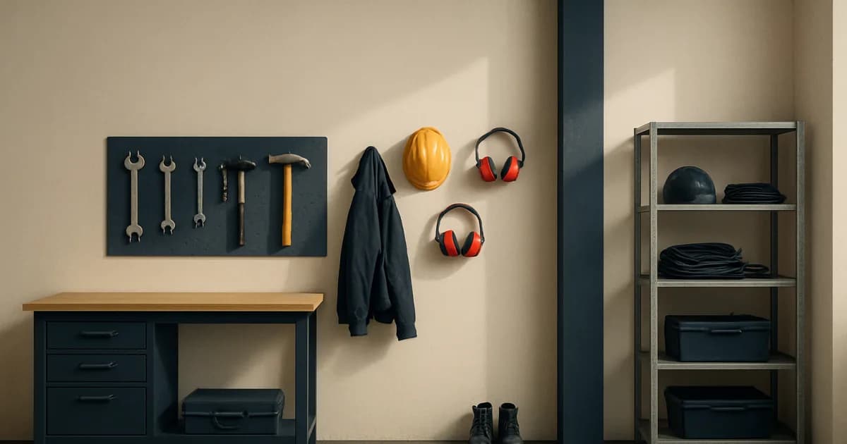 Simple graphic of a hard hat and a checklist with ticked items on a calm blue background