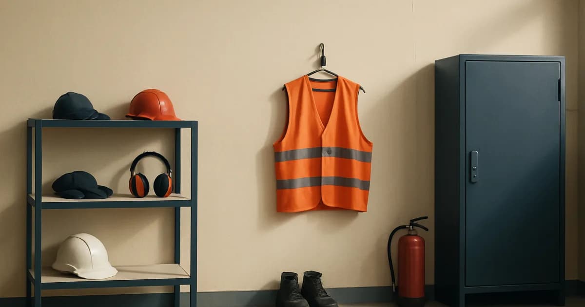 Graphique sobre représentant un casque de chantier et une coche de validation sur fond bleu, symbole de la sécurité au travail selon ISO 45001