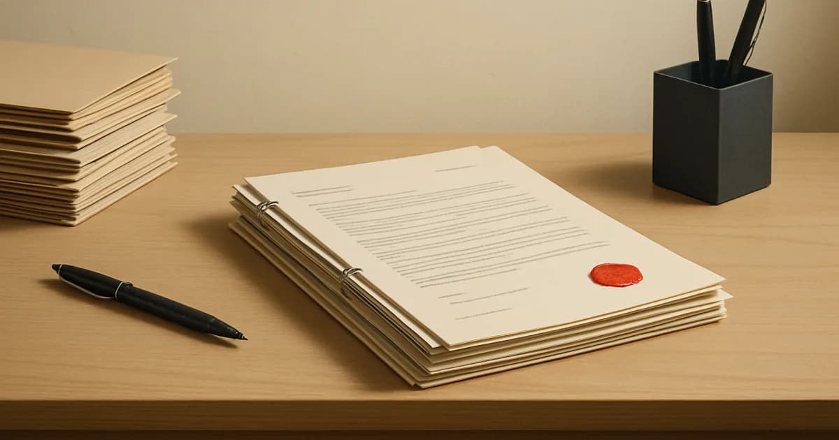 Illustration minimaliste d'une fusée stylisée posée sur un certificat ISO, sur fond bleu clair.