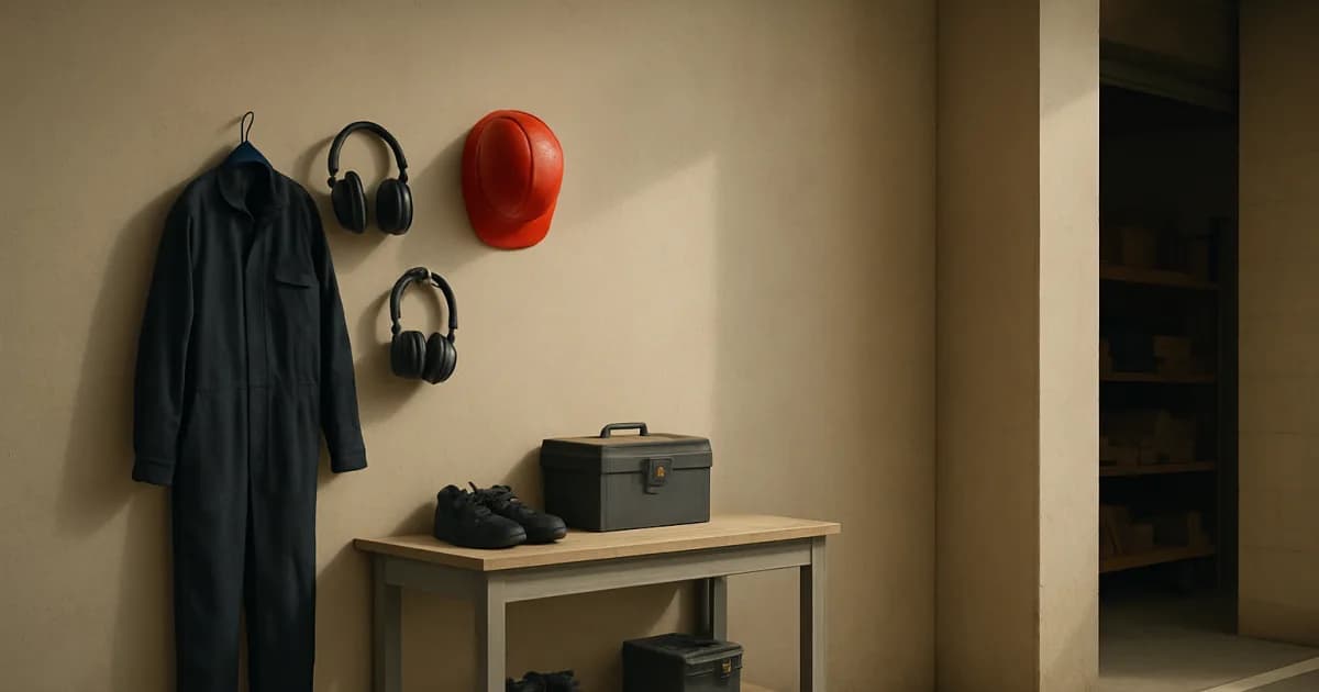 Illustration d'un atelier d'artisan avec une liste de contrôle cochée, un casque et un harnais de sécurité