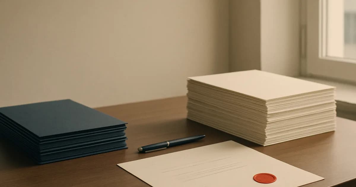 Calendrier stylisé avec une date entourée et un certificat ISO à côté, dans des tons sobres bleu et gris