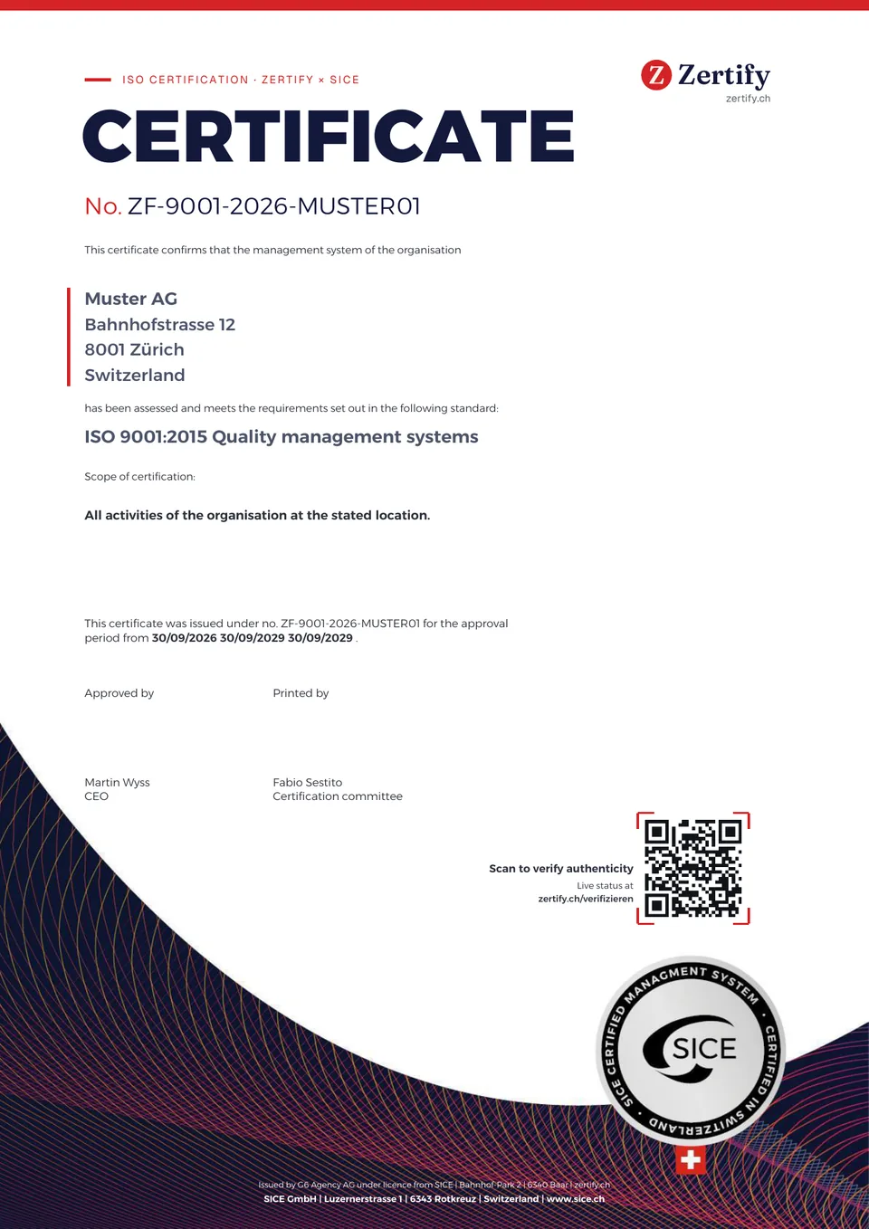 Example certificate with sample data