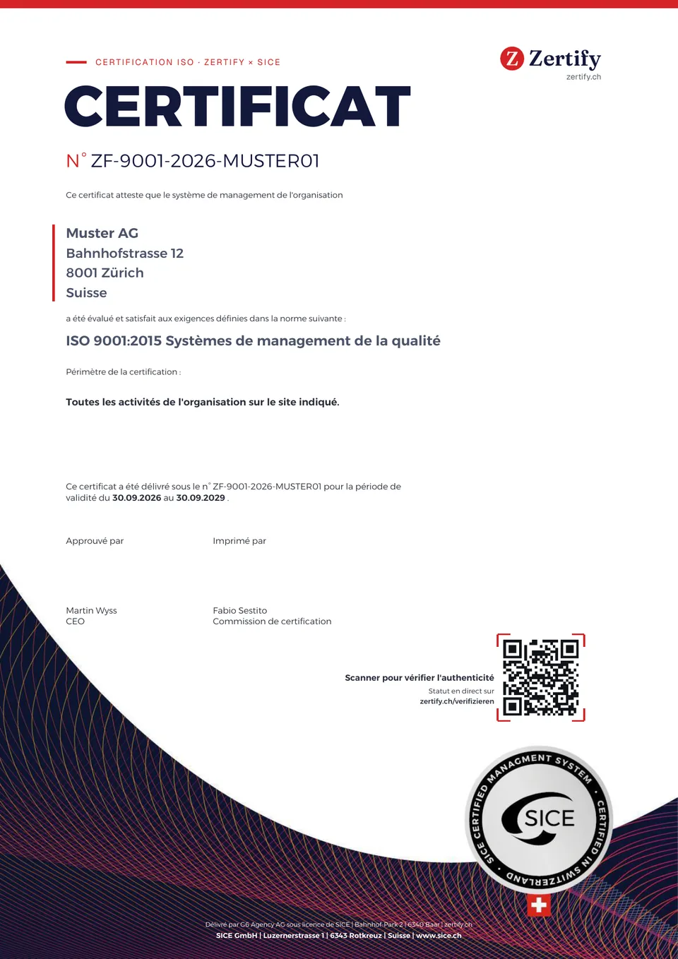 Exemple de certificat avec des données fictives