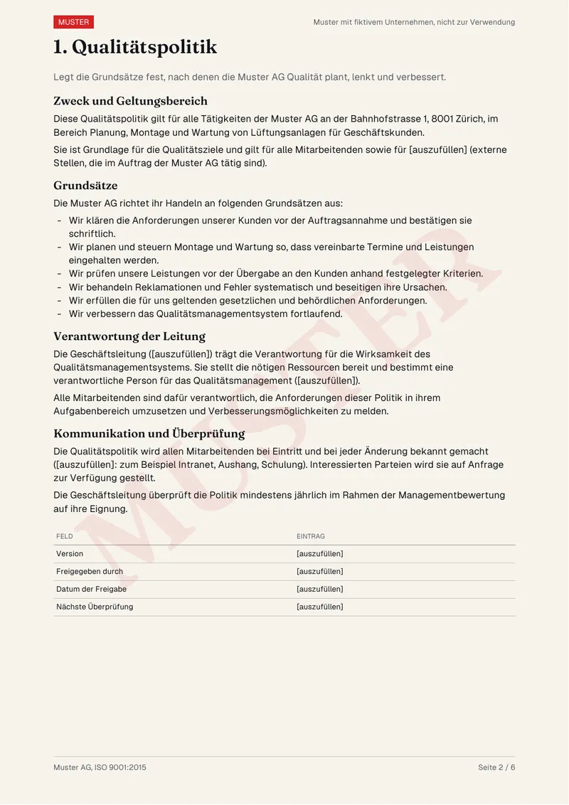 Muster der Dokumentenvorlagen, Seite 2: Qualitätspolitik