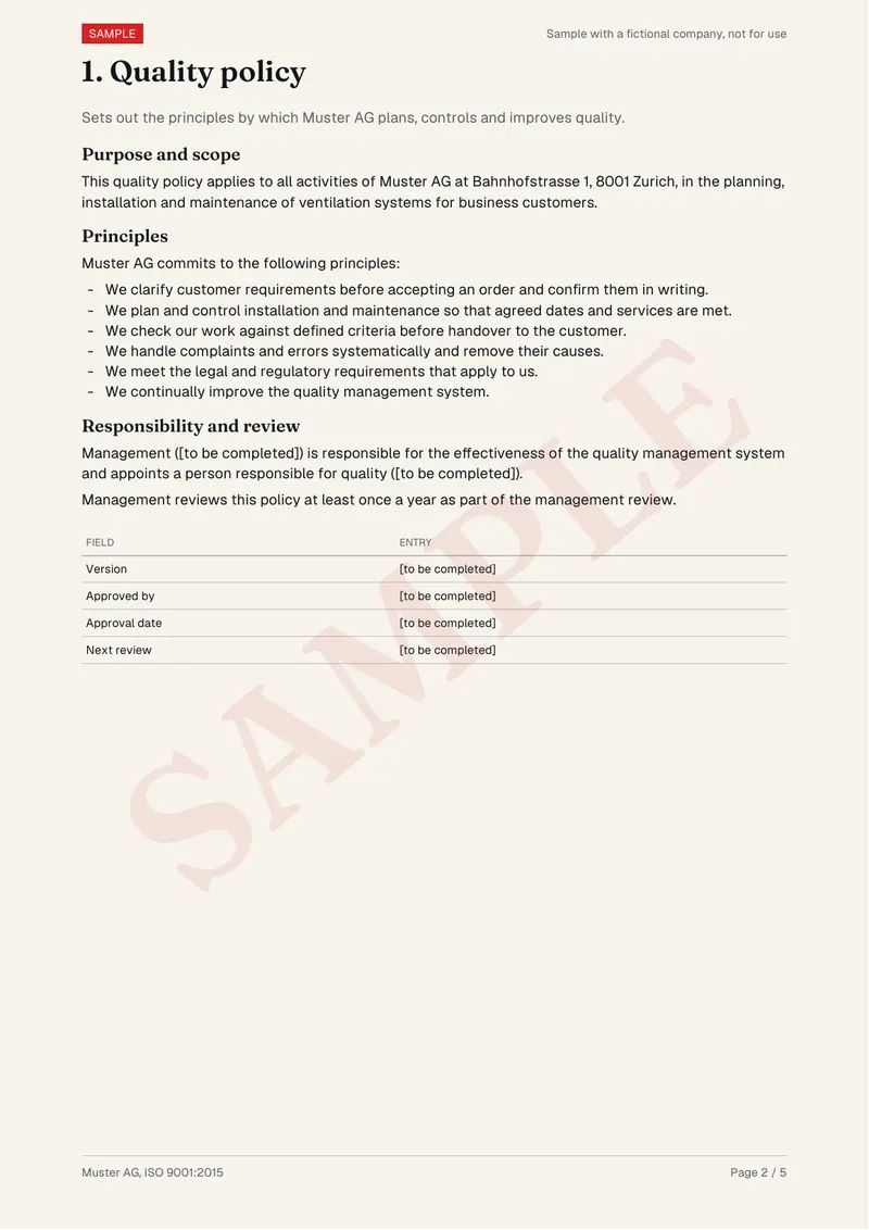 Sample document templates, page 2: Quality policy