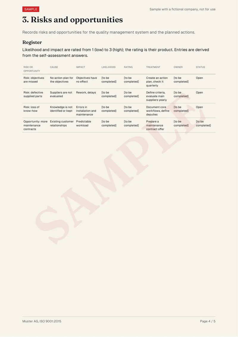 Sample document templates, page 3: Risk register