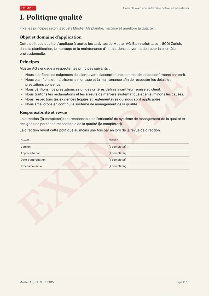 Exemple de modèles de documents, page 2 : Politique qualité