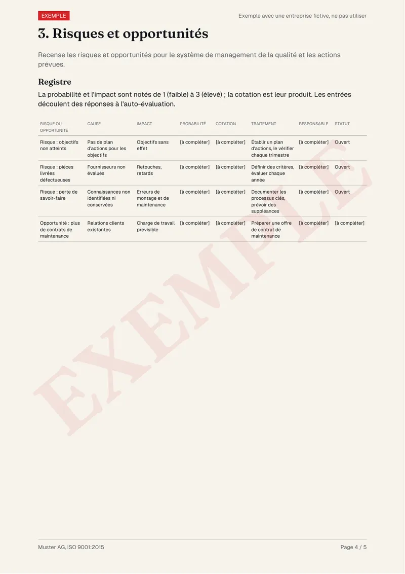 Exemple de modèles de documents, page 3 : Registre des risques